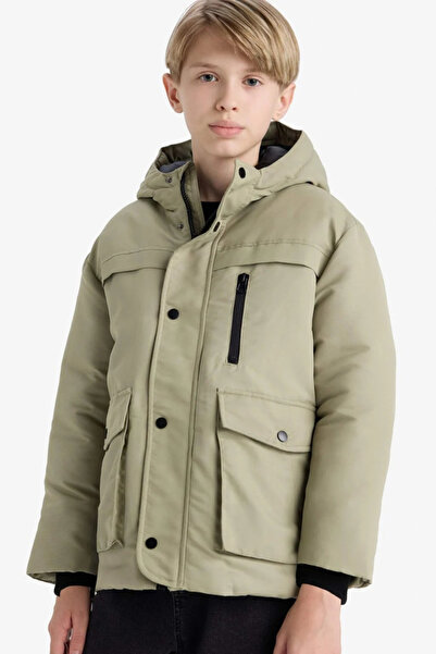 DeFacto Vodotěsný chlapecký kabát khaki s kapucí, zapínáním na zip a patentky...