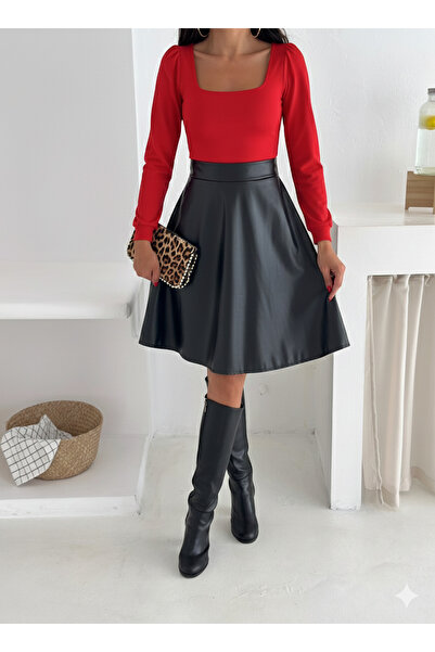 MaxiMor Women's Red Color Square Neck Long Sleeve Skirt Leather Kilos Dress