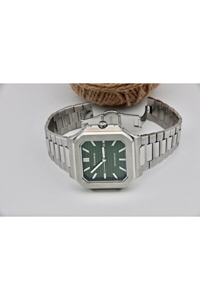 TOMRIS All Top Quality Steel,Waterproof,Silver Band,Green Dial Angled Wristwatch