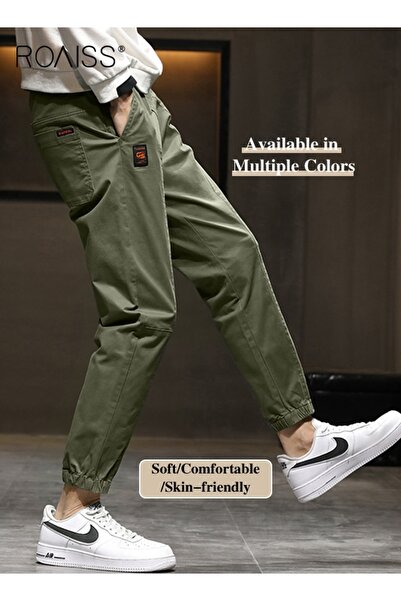 ROAISS Men Fashionable and Comfortable Cotton Cargo Pants Loose Fit Joggers with Cuffed Ankles Ideal for Sp
