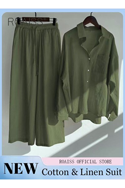 ROAISS Ladies 2 Piece Set New Trend Fashion Classic Solid Color Cotton Linen Shirt Suit Summer Spring Plus