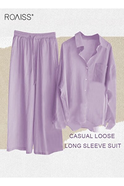 ROAISS Ladies 2 Piece Set New Trend Fashion Classic Solid Color Cotton Linen Shirt Suit Summer Spring Plus