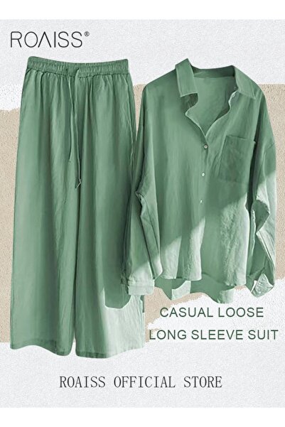 ROAISS Ladies 2 Piece Set New Trend Fashion Cotton Linen Shirt Suit Loose Pants Summer Spring Clothes for W