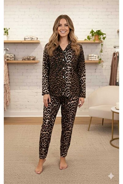 LiyAdaCo Leopard Patterned Suede Long Sleeve Pajama Set