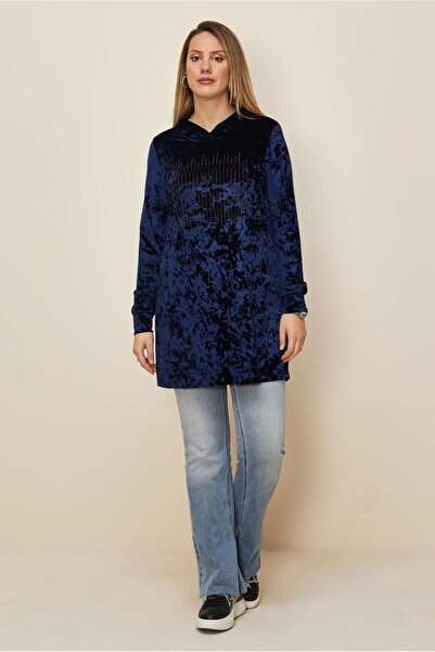 TRENDTESETTÜR Women's Navy Blue Velvet Tracksuit with Stone Details Tunic t 43451