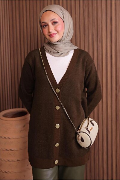 TRENDTESETTÜR Women's Brown Beard Yarn Cardigan t 2907