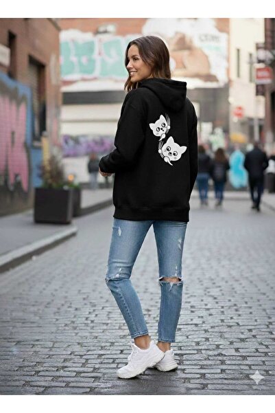 LiyAdaCo Unisex Cute Cats Printed Black Oversized Hooded Sweatshirt