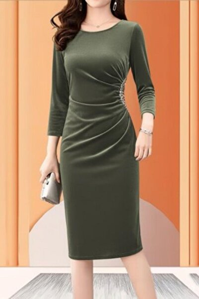 Mossta Μακρυμάνικο Φόρεμα Midi Velvet με Πέτρινη Λεπτομέρεια - Χακί