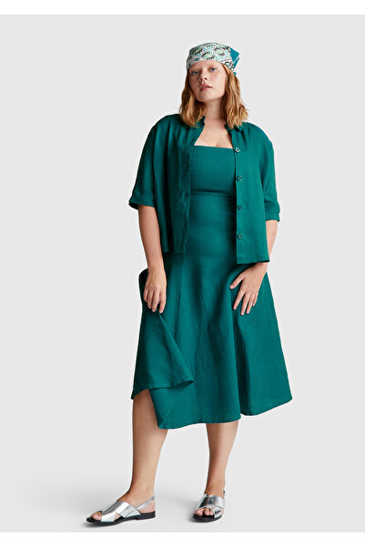 United Colors of Benetton Women's Dark Green 100% Linen Flared Fit Wide Strap Zipper Closure Midi Dress