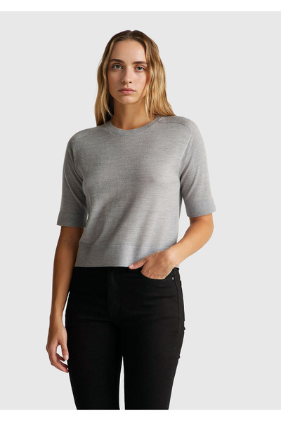 United Colors of Benetton Women's Gray Melange 100% Wool Crew Neck Short Sleeve Sweater