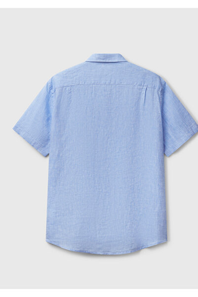 United Colors of Benetton Men's Blue 100% Linen Regular Fit Short Sleeve Shirt