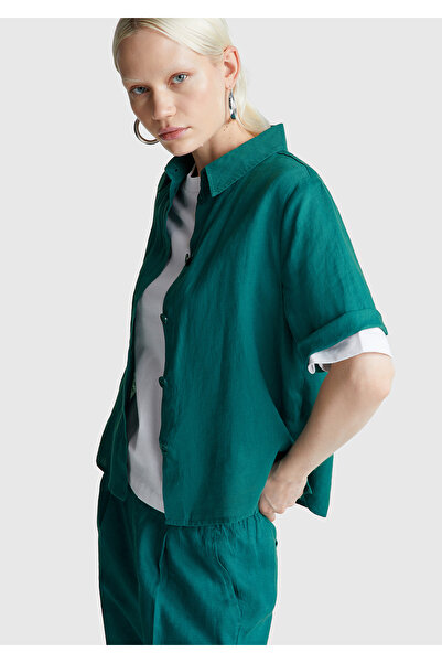 United Colors of Benetton Women's Dark Green 100% Linen Half Sleeve Plain Shirt