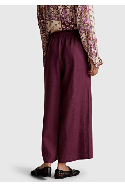 United Colors of Benetton Women's Plum 100% Linen Elastic Waist Loose Short Leg Trousers