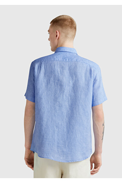 United Colors of Benetton Men's Blue 100% Linen Regular Fit Short Sleeve Shirt