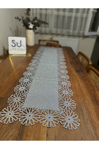 EHA LAZER Gümüş Simli Kenarı Çiçekli Zarif Dayanıklı Runner