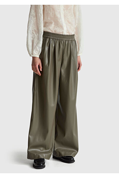 United Colors of Benetton Women's Khaki Elastic Waist Drawstring Wide Leg Pants