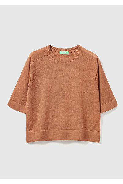United Colors of Benetton Women's Tan 100% Wool Crew Neck Short Sleeve Sweater