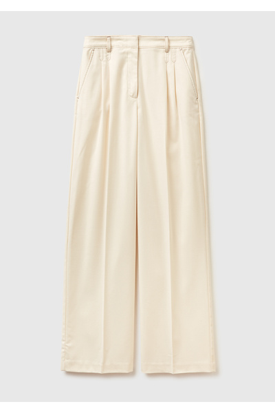 United Colors of Benetton Women's Ecru Viscose and Wool Blend Hidden Button Wide Leg Trousers