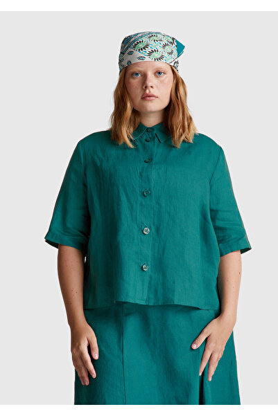 United Colors of Benetton Women's Dark Green 100% Linen Half Sleeve Plain Shirt
