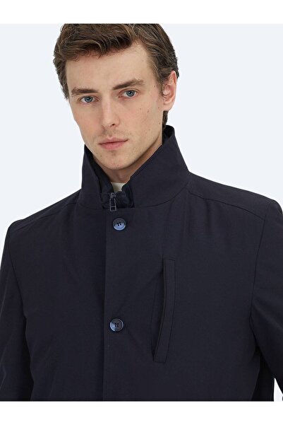 Kip Navy Blue Regular Fit Double-Breasted Collar Casual Woven Overcoat