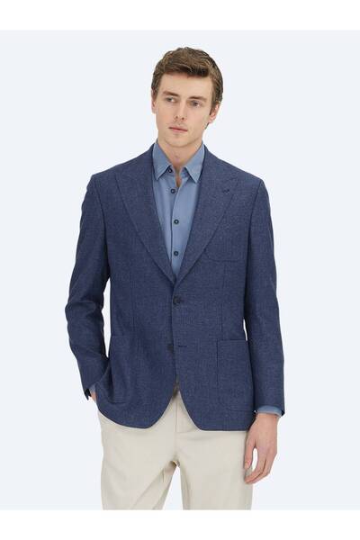 Kip Navy Blue Patterned Comfort Fit Wool Blend Jacket