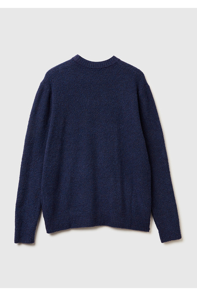 United Colors of Benetton Men's denim blue cotton and wool blend ribbed detailed crew neck sweater