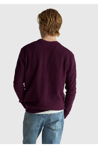 United Colors of Benetton Men's Dark Brown Cotton and Wool Blend Rib Detailed Crew Neck Sweater