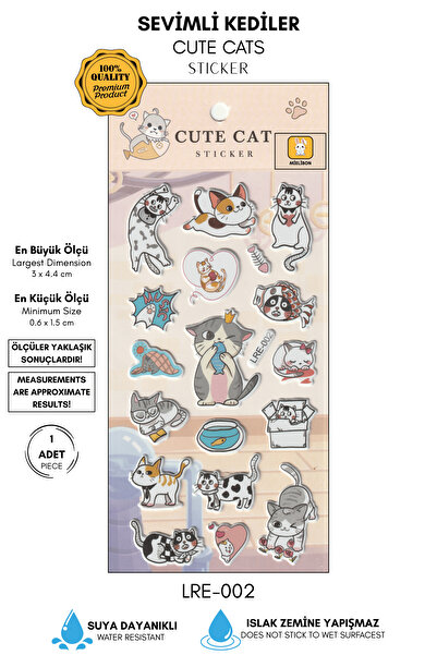 Mielibon Karikatür Kedi Sticker Çıkartma – Pati, Balık ve Sevimli Kedi Figürl...