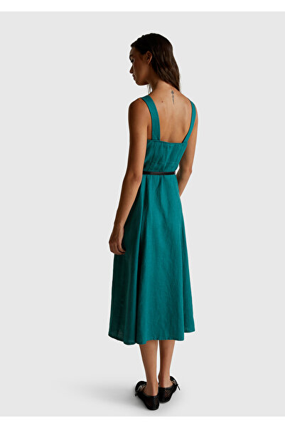 United Colors of Benetton Women's Dark Green 100% Linen Flared Fit Wide Strap Zipper Closure Midi Dress