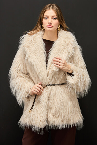 Fulla Moda Faux Fur Jacket with Belt Detail