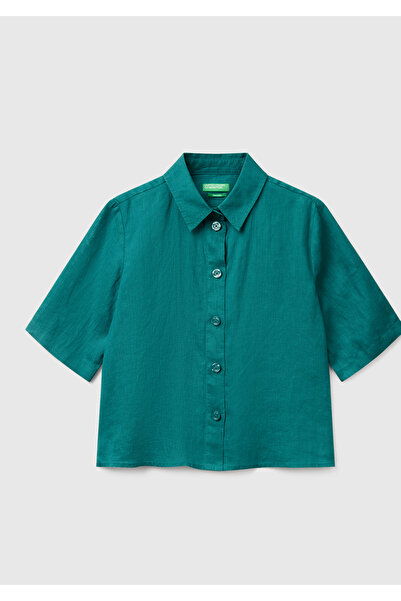 United Colors of Benetton Women's Dark Green 100% Linen Half Sleeve Plain Shirt