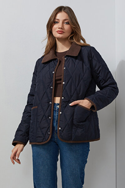 Fulla Moda Velvet Detailed Polo Collar Quilted Coat