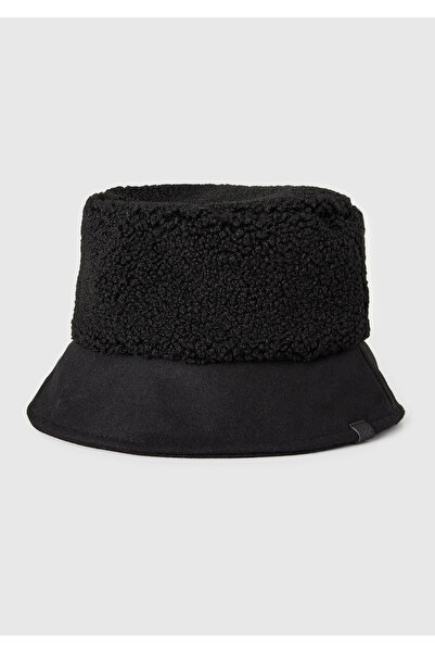 United Colors of Benetton Women's Black Cotton Blend Logo Detailed Faux Fur Bucket Hat