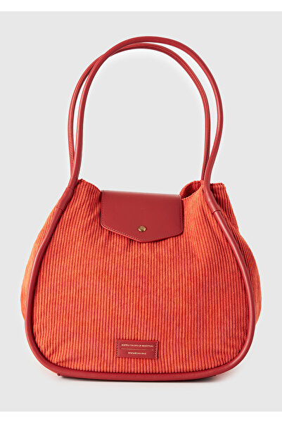 United Colors of Benetton Women's Brown Faux Leather Detailed Drawstring Velvet Tote Bag