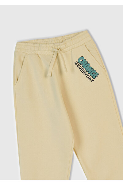United Colors of Benetton Boy's Cream Printed Drawstring Sweatpants with Elastic Waist and Ankles