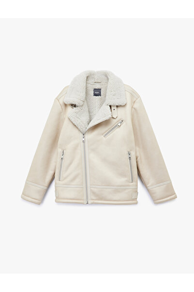 Koton Slim Fit Plush Collar Winter Faux Leather Jacket with Zipper Pocket Detail