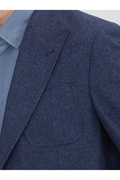 Kip Navy Blue Patterned Comfort Fit Wool Blend Jacket