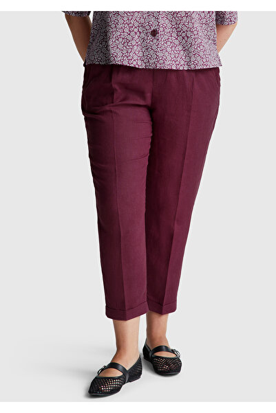 United Colors of Benetton Women's Plum 100% Linen Elastic Waist Detailed Curled Leg Trousers