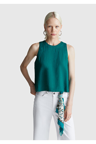 United Colors of Benetton Дамска тъмнозелена блуза без ръкави, 100% лен