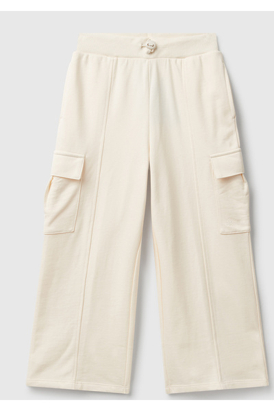 United Colors of Benetton Pantaloni de sport pentru fete, ecru, cu buzunare l...