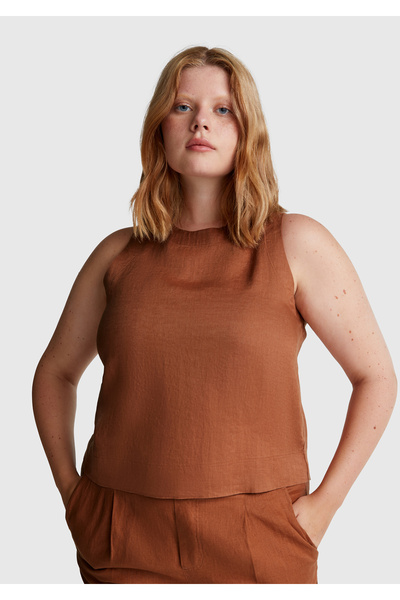 United Colors of Benetton Women's Brown 100% Linen Sleeveless Blouse