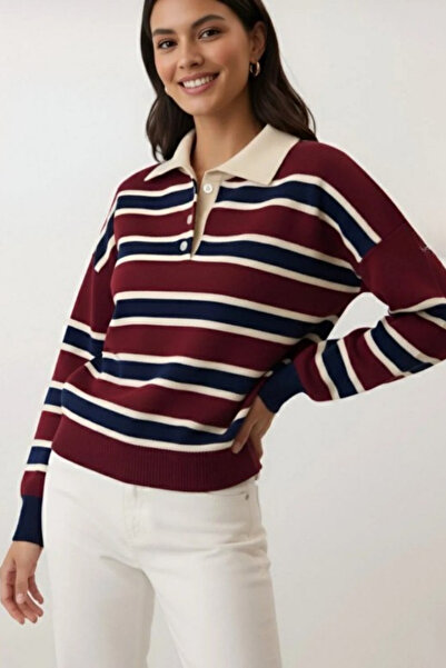 civetta Women's Burgundy Striped Polo Neck Knitwear Sweater - Buttoned Soft Winter Top