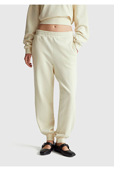 United Colors of Benetton Women's cream 100% cotton cuffed waist elastic regular fit tracksuit bottoms