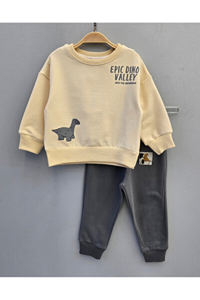 Erkek Çocuk Takım | Dinozor Baskılı | Mevsimlik Sweatshirt Takım – Bej