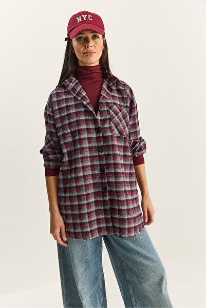 Bianco Lucci Women's Single Pocket Detailed Oversize Plaid Shirt 513 60283572