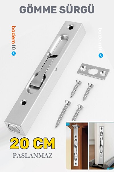 Badem10 Paslanmaz Çelik 20 cm Gömme Kapı Sürgüsü Gizli Sessiz Çalışan Dayanık...