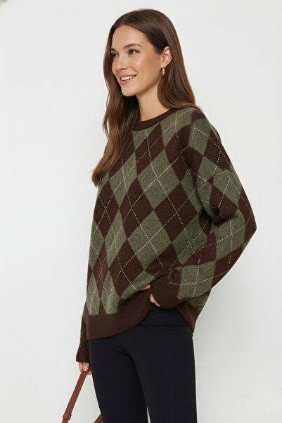 civetta Women's Green Argyle Patterned Bearded Knitwear Sweater - Crew Neck Soft Textured Fuzzy Women's Sweater