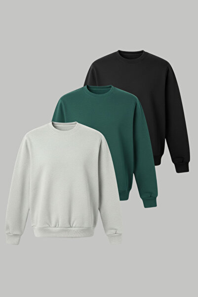 Moda EKM 3'lü Paket Basic Bisiklet Yaka Relaxed Regular Sweatshirt