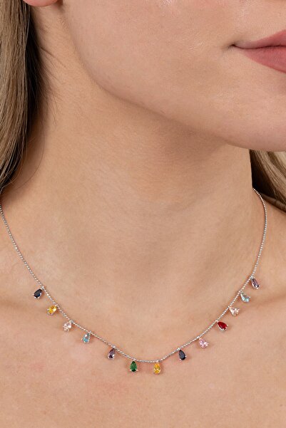 Söğütlü Silver 925 ayar gümüş kolye rodyumlu renkli zirkon taşlı top zincirli...