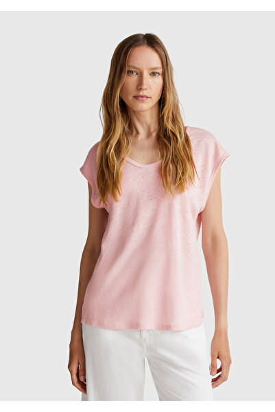 United Colors of Benetton Women's pink 100% linen Slit relax fit round neck t-shirt